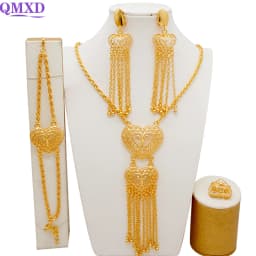 Indian Dubai Gold Color Jewelry Set For Women Bridal Long Necklace Set Nigerian Choker Necklace Bracelet Earring Ring Sets