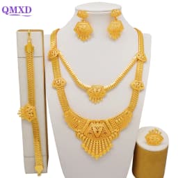 Indian Dubai Gold Color Jewelry Set For Women Bridal Long Necklace Set Nigerian Choker Necklace Bracelet Earring Ring Sets
