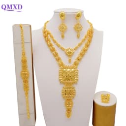 Indian Dubai Gold Color Jewelry Set For Women Bridal Long Necklace Set Nigerian Choker Necklace Bracelet Earring Ring Sets