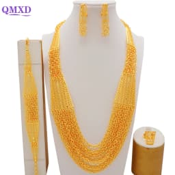 Indian Dubai Gold Color Jewelry Set For Women Bridal Long Necklace Set Nigerian Choker Necklace Bracelet Earring Ring Sets
