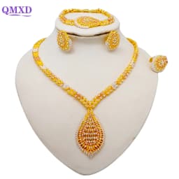 Indian Dubai Gold Color Jewelry Set For Women Bridal Long Necklace Set Nigerian Choker Necklace Bracelet Earring Ring Sets