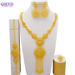 Indian Dubai Gold Color Jewelry Set For Women Bridal Long Necklace Set Nigerian Choker Necklace Bracelet Earring Ring Sets