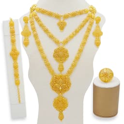 Indian Dubai Gold Color Jewelry Set For Women Bridal Long Necklace Set Nigerian Choker Necklace Bracelet Earring Ring Sets