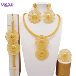Indian Dubai Gold Color Jewelry Set For Women Bridal Long Necklace Set Nigerian Choker Necklace Bracelet Earring Ring Sets