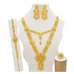 Indian Dubai Gold Color Jewelry Set For Women Bridal Long Necklace Set Nigerian Choker Necklace Bracelet Earring Ring Sets