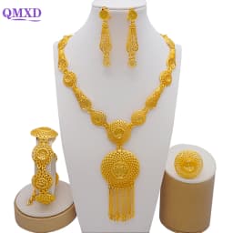 Indian Dubai Gold Color Jewelry Set For Women Bridal Long Necklace Set Nigerian Choker Necklace Bracelet Earring Ring Sets
