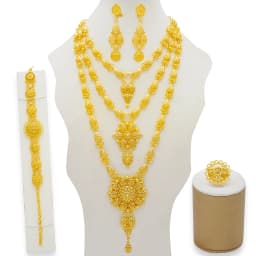 Indian Dubai Gold Color Jewelry Set For Women Bridal Long Necklace Set Nigerian Choker Necklace Bracelet Earring Ring Sets