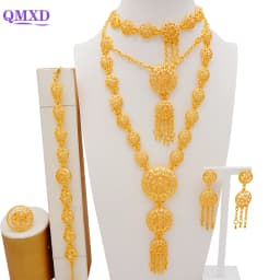 Indian Dubai Gold Color Jewelry Set For Women Bridal Long Necklace Set Nigerian Choker Necklace Bracelet Earring Ring Sets