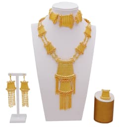 Indian Dubai Gold Color Jewelry Set For Women Bridal Long Necklace Set Nigerian Choker Necklace Bracelet Earring Ring Sets