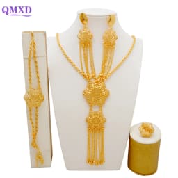 Indian Dubai Gold Color Jewelry Set For Women Bridal Long Necklace Set Nigerian Choker Necklace Bracelet Earring Ring Sets