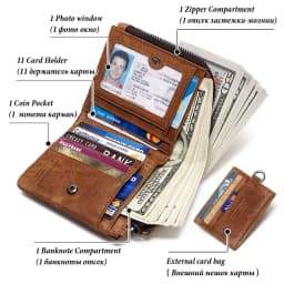 KAVIS Crazy Horse Leather Men Wallets Vintage Cowboy Travel Wallet Card Holder Fashion Coin Purse for Women with Extenal Cardbag