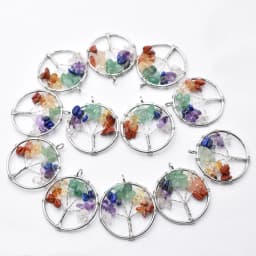Wholesale 12pcs/lot 7 Chakra Natural Stone Wrap Wisdom Tree of Life gold colour Plated Round Pendants for necklace making