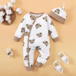 Winter Newborn Infant Baby Boys Romper Bear Print Long Sleeve Button Up Front Rompers Kids Onepiece Soft Fashion Baby Clothing