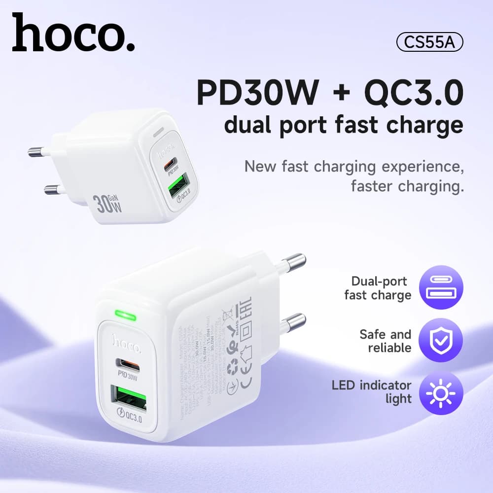 HOCO Dual Port PD30W Quick Charging Phone Charger EU Plug For iPhone 17 16 15 QC3.0 PD Wall Travel Adapter For Samsung S21 S22