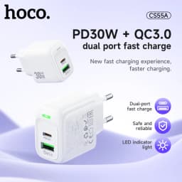 HOCO Dual Port PD30W Quick Charging Phone Charger EU Plug For iPhone 17 16 15 QC3.0 PD Wall Travel Adapter For Samsung S21 S22