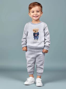 Boys round neck long sleeved hoodie set with cartoon glasses, little bear English letter printed versatile pants two-piece 2379A