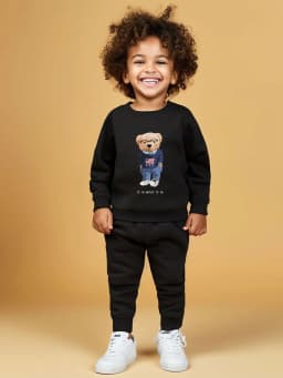 Boys round neck long sleeved hoodie set with cartoon glasses, little bear English letter printed versatile pants two-piece 2379A