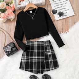 Girls spring new children's fashion casual clothing knitted crew-neck long-sleeved top + asymmetrical plaid skirt 2-piece set