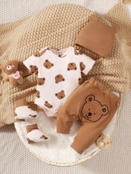 4PCS Clothing Set 0-9 Months Newborn Baby Boy Bear Short Sleeve Romper+Pants+Hat+Sock Infant Baby Full Moon Photography Outfits