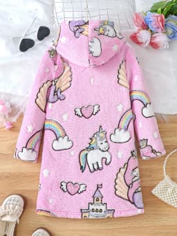 Girls Autumn Cartoon Unicorn Print Flannel Long Sleeve Hooded Dress