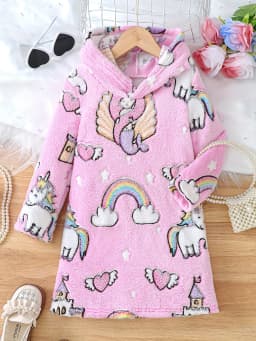 Girls Autumn Cartoon Unicorn Print Flannel Long Sleeve Hooded Dress