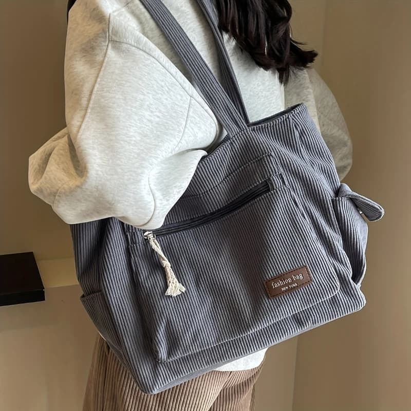 Simple Corduroy Tote Bag, Solid Color Shoulder Bag, Retro Multi Pockets Handbag For School Work Shopping