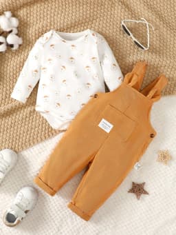3-24 Months Toddler Baby Boy 2PCS Clothing Set Bear Print Bodysuit with Green Overall Fashion Cute Autumn and Winter Costumes