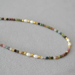 French retro art colored tourmaline real stone freshwater rice grain pearl bead short style fine necklace collarbone chain