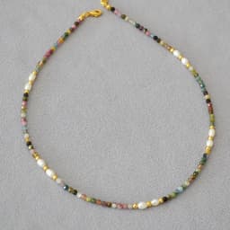 French retro art colored tourmaline real stone freshwater rice grain pearl bead short style fine necklace collarbone chain