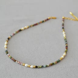 French retro art colored tourmaline real stone freshwater rice grain pearl bead short style fine necklace collarbone chain