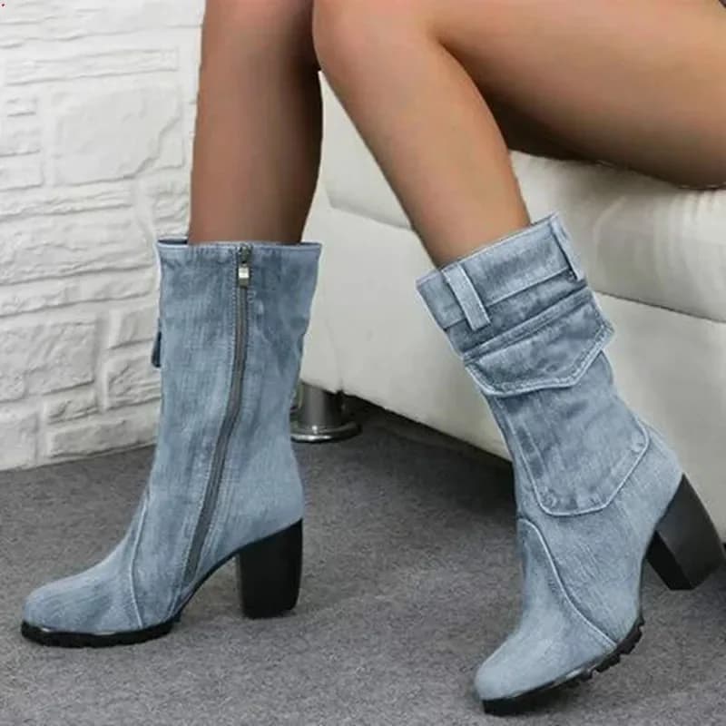 Cowboy Women's Boots 2024 Autumn and Winter New Pointed Denim Style Casual Temperament High Heels Single Shoes Zapatos De Mujer