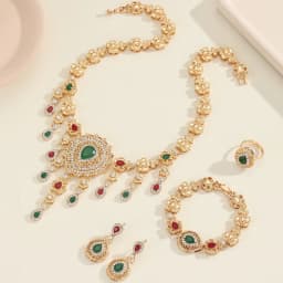 5pcs/set Hollow Out Dangle Earrings + Ring + Necklace + Bracelet Bollywood Vintage Style Jewelry Set 14k Gold Plated Paved Rhine