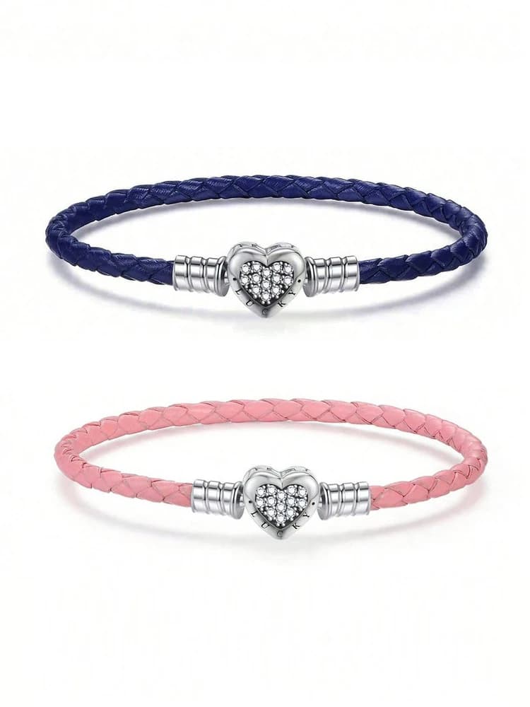 925 Sterling Silver Love Heart Bead Black Leather Rope Bracelet DIY Making Fit Original Bracelets for Women Fine Jewelry Gift