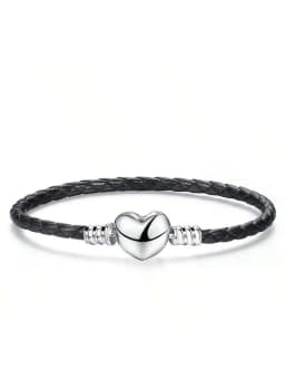 925 Sterling Silver Love Heart Bead Black Leather Rope Bracelet DIY Making Fit Original Bracelets for Women Fine Jewelry Gift