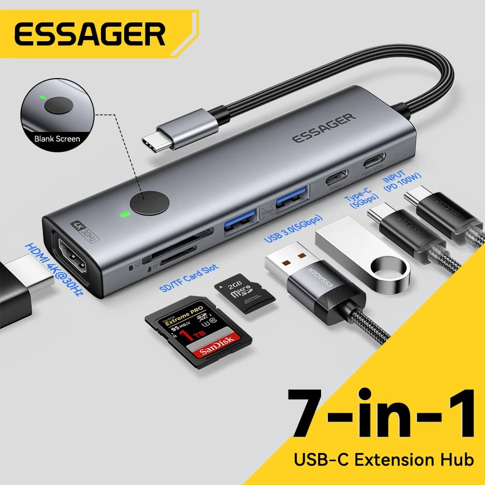 Essager USB C HUB 4K 7-in-1 Type C to HDMI PD 100W SD&TF USB 3.0 5Gbps Multiport Adapter for MacBook Laptop iPad Phone Splitter