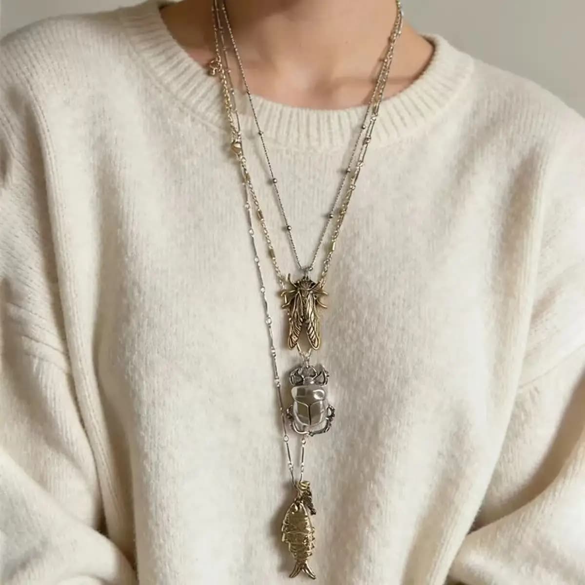 Personalized Trendy Insect Beetle Knows Fish Pendant Multi Layer Necklace