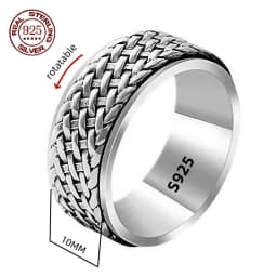 Simplicity Vintage S925 Sterling Silver Viking Rings for Men Women Fashion Personality Rotatable Woven Pattern Jewelry Gift