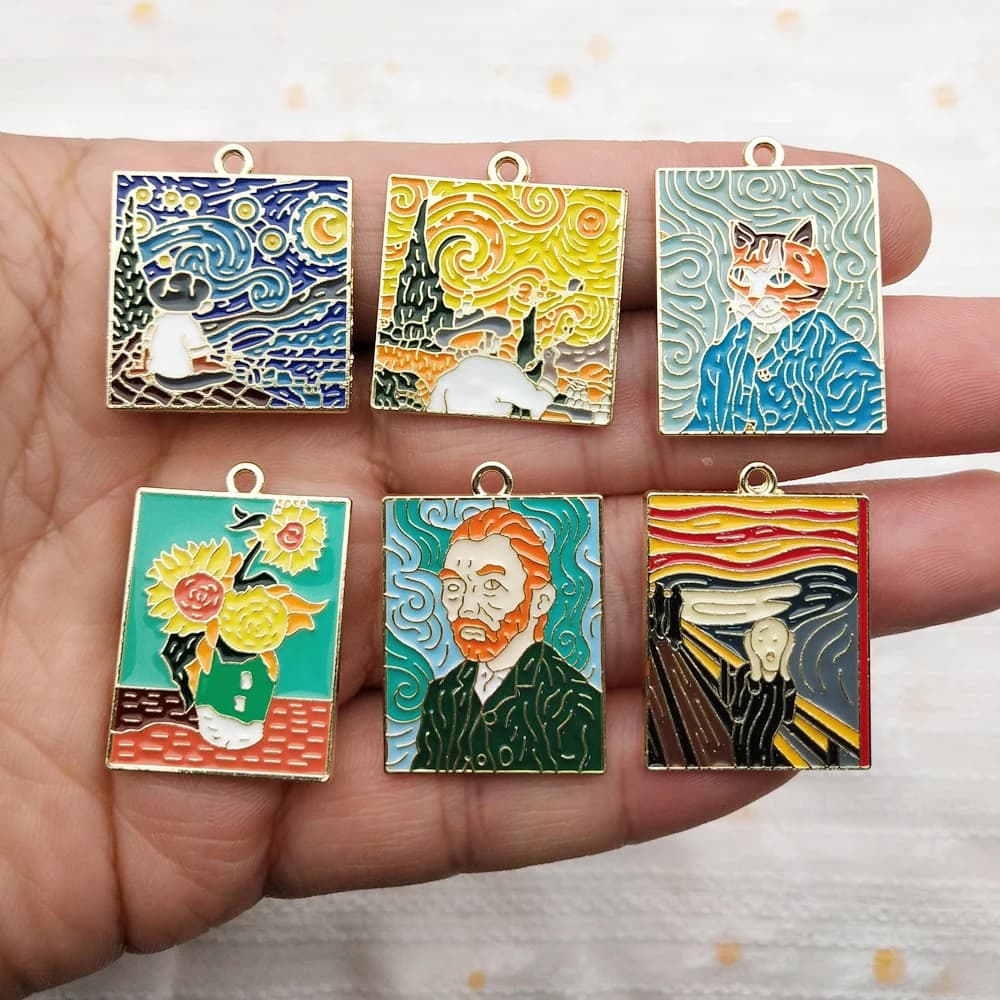 10pcs Famous Painting Charm Jewelry Accessories Enamel Earring Phone Keychain Pendant Diy Making Craft Alloy Metal Gold Plated