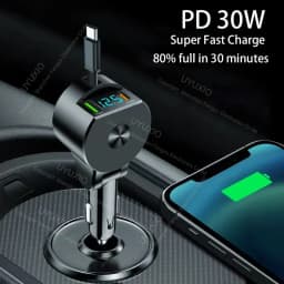 USB C Car Charger 65W Super Fast Charge with Voltage Display PD 30W Retractable Type C Cable for iPhone 16 Pro Max 15 Samsung