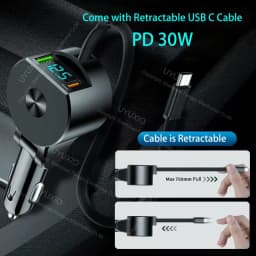 USB C Car Charger 65W Super Fast Charge with Voltage Display PD 30W Retractable Type C Cable for iPhone 16 Pro Max 15 Samsung