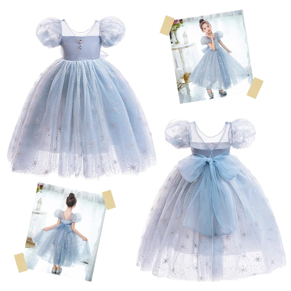 Summer Girl Elsa Costume Children Short Sleeve Breathable Mesh Gown for Formal Party Birthday Gift Halloween Cosplay Colthes