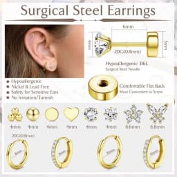 Fashion Heart Moon Flower Hypoallergenic Surgical Steel Flat Back Earrings for Women Men Stud Hoop Cartilage Earring Set Jewelry