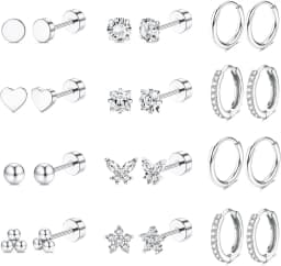 Fashion Heart Moon Flower Hypoallergenic Surgical Steel Flat Back Earrings for Women Men Stud Hoop Cartilage Earring Set Jewelry