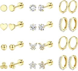 Fashion Heart Moon Flower Hypoallergenic Surgical Steel Flat Back Earrings for Women Men Stud Hoop Cartilage Earring Set Jewelry