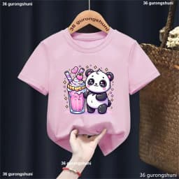 Kawaii Panda Boba Tea Tshirt,Pandas Love To Eat Ice Cream Cartoon Printed Girls T-Shirt Fashion Cute Children'S T Shirt Tops