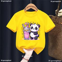 Kawaii Panda Boba Tea Tshirt,Pandas Love To Eat Ice Cream Cartoon Printed Girls T-Shirt Fashion Cute Children'S T Shirt Tops