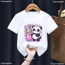 Kawaii Panda Boba Tea Tshirt,Pandas Love To Eat Ice Cream Cartoon Printed Girls T-Shirt Fashion Cute Children'S T Shirt Tops