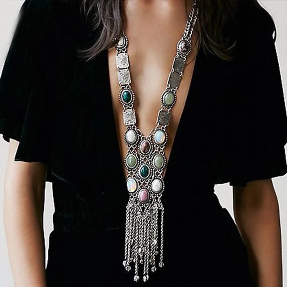 Multi Layer Colorful Turquoise Gemstone Bell Tassel Necklace Retro Ethnic Bib Long Geometry Pendant Collar Gypsy India Jewelry