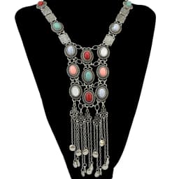 Multi Layer Colorful Turquoise Gemstone Bell Tassel Necklace Retro Ethnic Bib Long Geometry Pendant Collar Gypsy India Jewelry