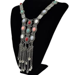 Multi Layer Colorful Turquoise Gemstone Bell Tassel Necklace Retro Ethnic Bib Long Geometry Pendant Collar Gypsy India Jewelry